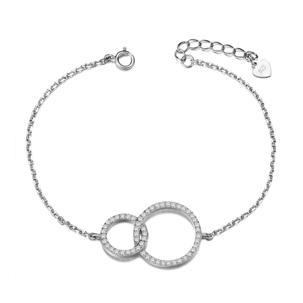 Pretty Double circle Pave 925 Sterling Silver Adjustable Bracelet Chain W/ Charm